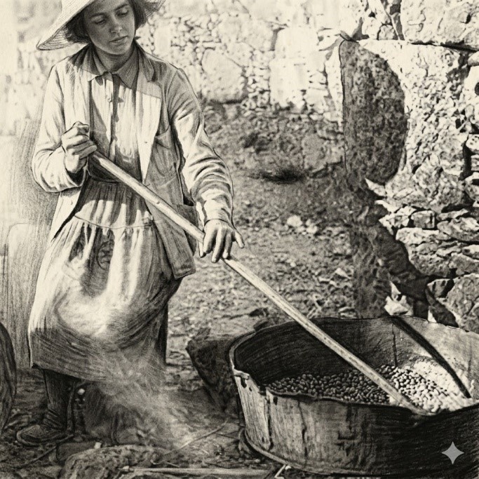 Mujer tostando millo. Dibujo generado por IA